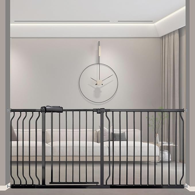 Wide Baby Gate 67-71.5 Inch Heavy Duty Steel Safety for Stairs, Pressure-Mounted Indoor Dog, No Drilling, Modern Home Design, Black