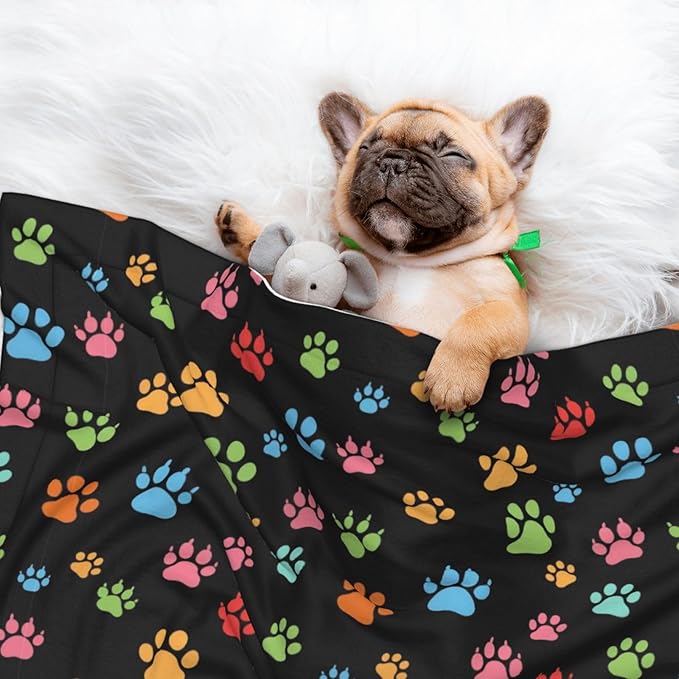 Reversible Plush Throw for Dogs and Cats, Pink Red Blue Green Dog Pug Paws, Double Sided Blanket with Nubby Dot Side and Sleek Side Ideal for Cuddling Nesting Security