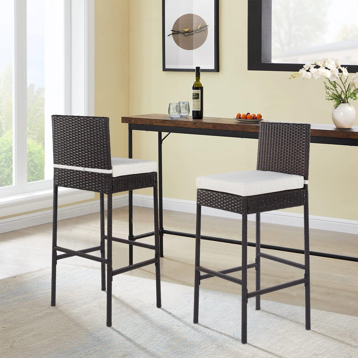 PayLessHere Outdoor Bar Stools Rattan Bar Chairs Set of 2 Wicker Bar stools Counter Height Patio Bar Chairs with Backrest Cushion Footrest for Patio Lawn Backyard, Brown