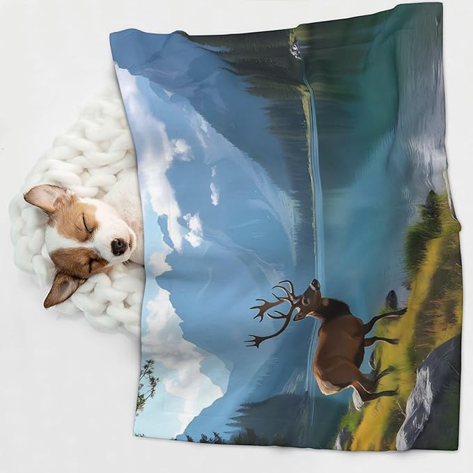 Waterproof Dog Blanket Soft Pet Blanket for Puppy Cat, Fleece Cat Throw Blankets for Furniture Bed Couch Sofa Reversible - Majestic Deer Mountain Lake