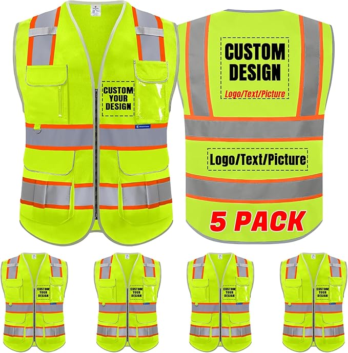 BeautyWill 5Pack Custom Logo Safety Vest 8 Pockets Class2 ANSI Certified High Visibility Reflective Vest for Men - Personalized Logo Heavy-Duty Work Vest（Yellow，L）