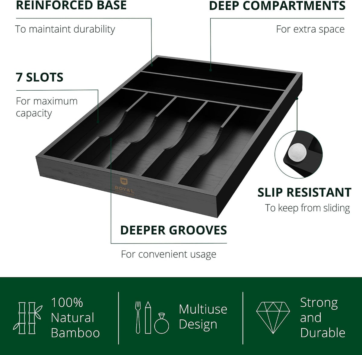 ROYAL CRAFT WOOD Luxury Bamboo Kitchen Drawer Organizer - Silverware Organizer - Utensil Holder and Cutlery Tray with Grooved Drawer Dividers for Flatware and Kitchen Utensils (7 Slot, Black)