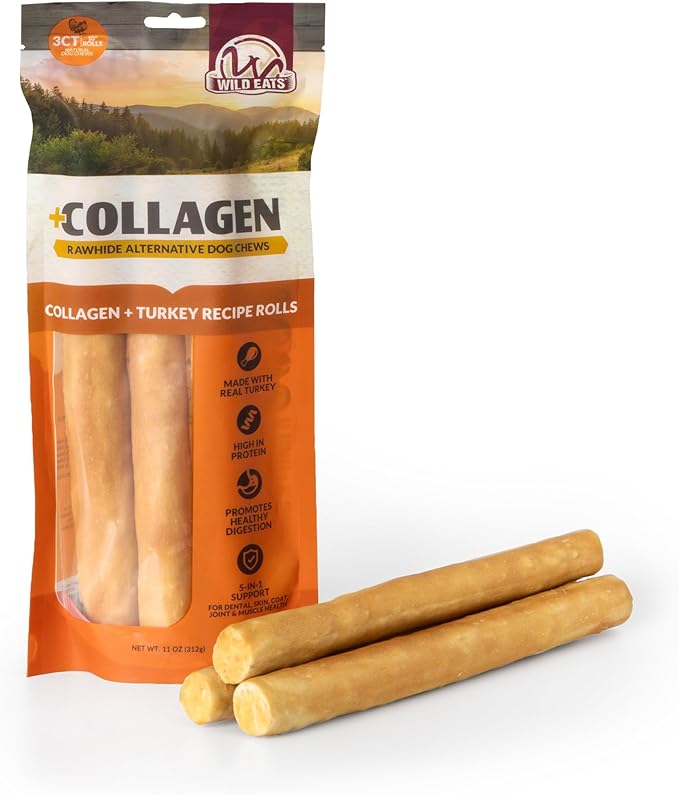 Wild Eats Turkey Flavor Collagen Retriever Style Cheek Rolls 10" Dog Chews-3 Pack (Long Lasting Dog Chews Treats & Bones for Medium Dogs) Substitute for Pig Ears for Dogs