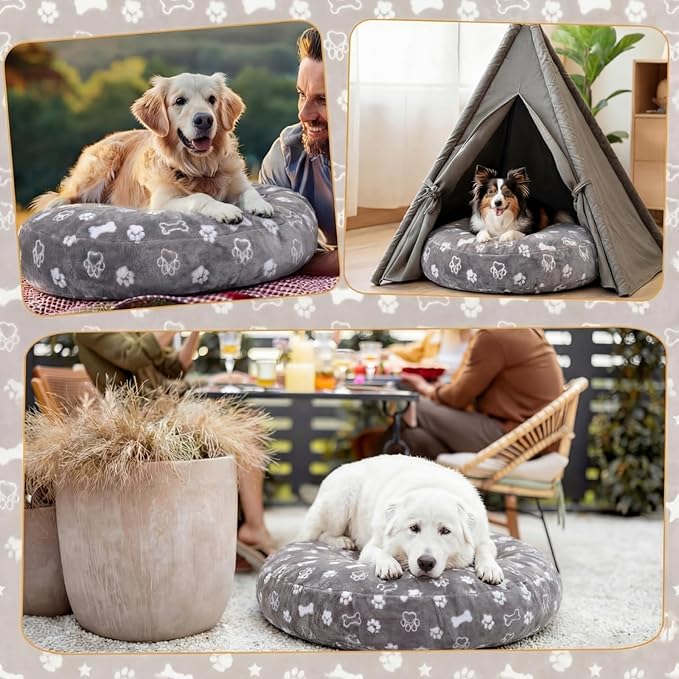 Oudain Washable Round Dog Bed Cover 45" x 45" x 11" Gray Paw Bone Prints Waterproof Dog Bed Cover Replacement for Round and Donut Dogs Beds Scratch Resistant Mattress Protector
