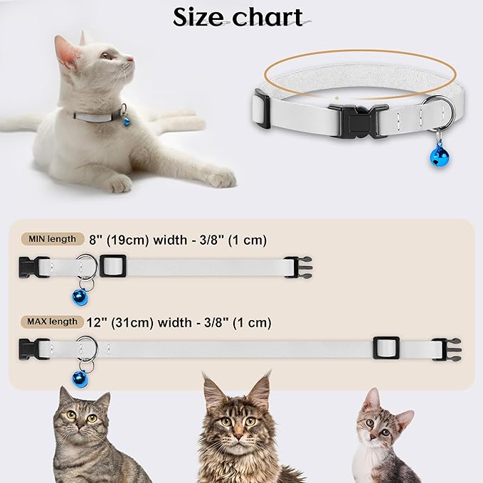 Breakaway Cat Collar with Bell - Leather Adjustable Kitten Collars with Safety Quick Release Buckle - Soft Small Pet Collars for Girl & Boy Cats (White)