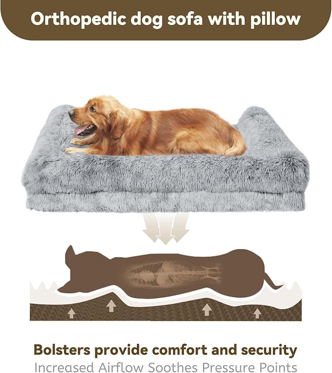 Orthopedic Dog Bed for Medium Dogs Breeds, Dog Sofa Beds with Pillow,High Density Egg Crate Foam Dog Beds,Waterproof Deluxe Plush Couch Dog Bed with Removable Washable Cover