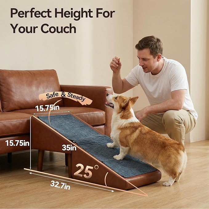 Dog Ramp for Dogs and Cats, 16" W 2-in-1 Split Ottoman Dog steeps for Bed,Solid Wood, Gentle 23 Incline, Foldable Pet Stairs for Large and Small Dogs (Brown)
