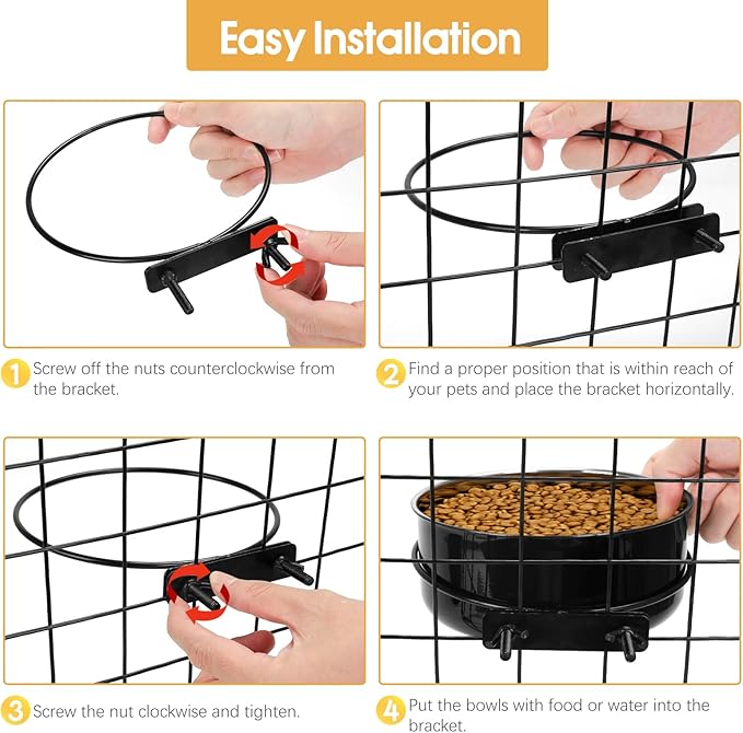 2 Pcs Black Large Pet Dog Food Water Bowl for Cage Stainless Steel Non-Spill Kennel Hanging Cats Bowls with Clamp Holder Crate Feeder Dish for Medium Large Dogs Huge Pets (7.1x3.5'' & 6.3x2.6'')