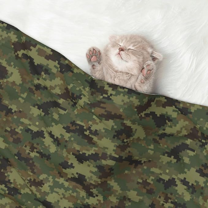 Dog and Cat Blanket in One, Camo Camouflage Hunting Green, Double Sided Plush Throw with Raised Dot Pattern on One Side and Flat Velvet on Other for Variety