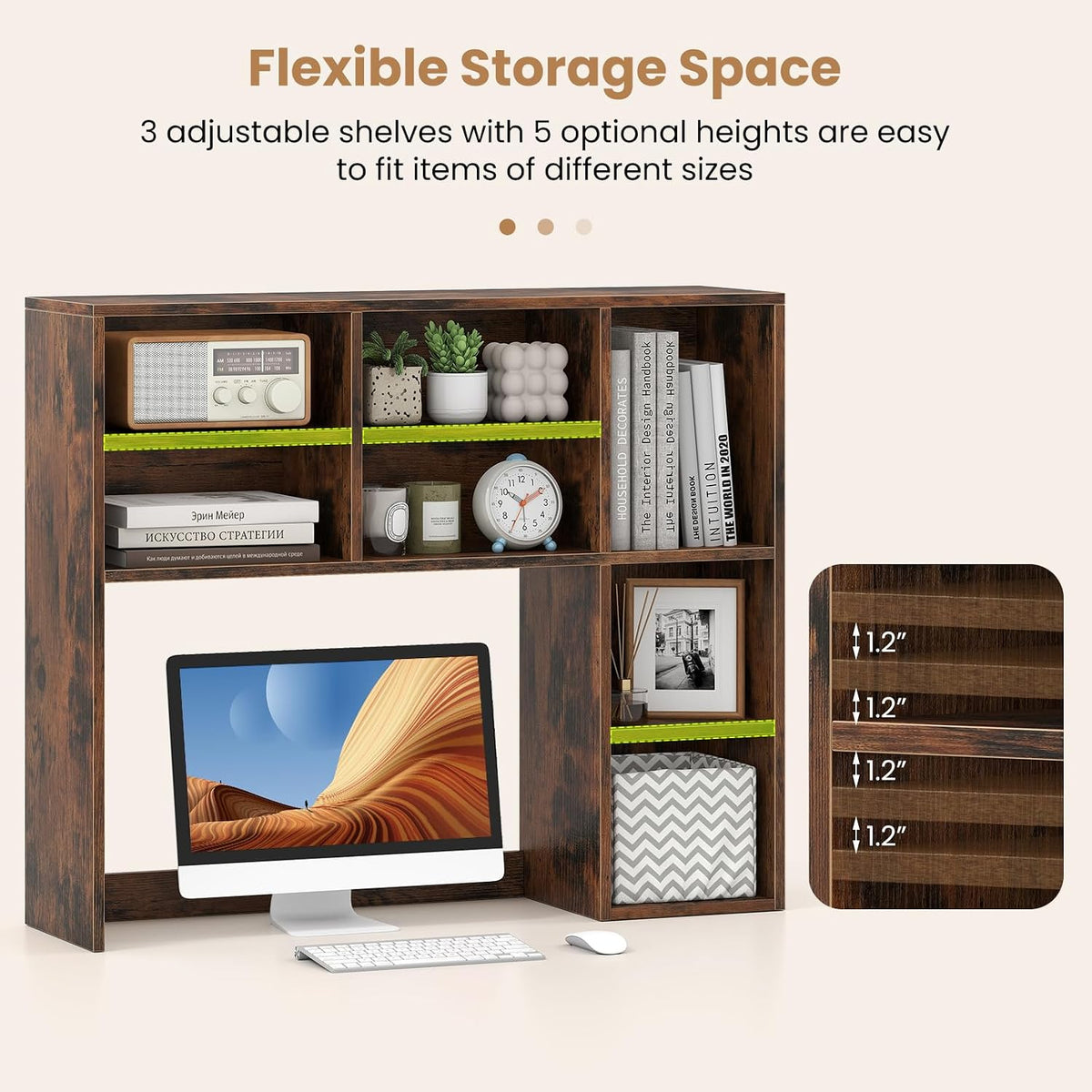 MAT EXPERT Wooden Desktop Bookshelf, Countertop Desk Hutch w/ 7 Cubes & Adjustable Shelves, Anti-toppling Kits, Table Top Organizer Shelf Fits Monitors up to 27” for Dorm, Office, Study (Rustic Brown)