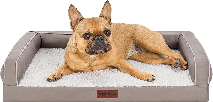 Furhaven Orthopedic Dog Sofa Bed – Memory Foam Couch with Bolsters, Textured Plush & Water-Resistant Cover, Washable Cover, Joint Support - Greige, Medium