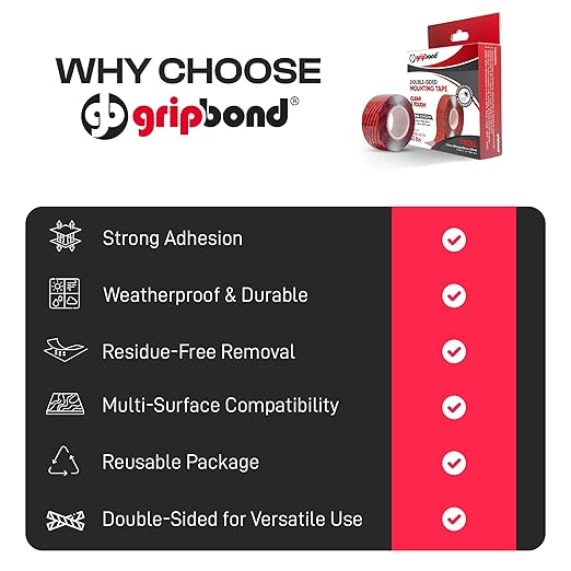 GripBond Clear Double Sided Tape, 1 Roll (18.3 Ft), 1.2”x220” – Clear Mounting Tape for Hanging Picture, Poster, Carpet, Photo Decorations - Nano Adhesive for Home, Office, Indoor & Outdoor Use