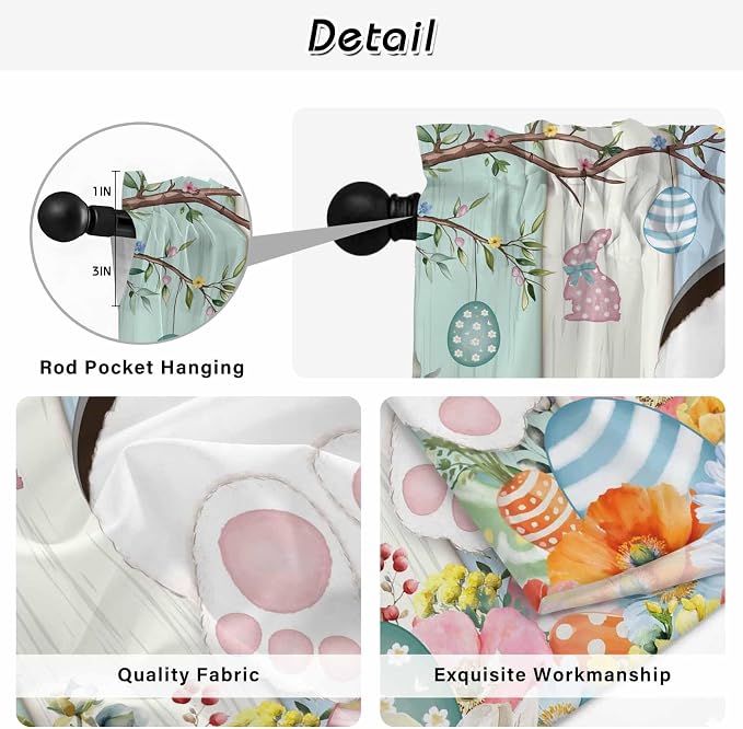 Easter Window Curtains 63 Inch Long 2 Panel Set, Rod Pocket Bedroom Curtains &