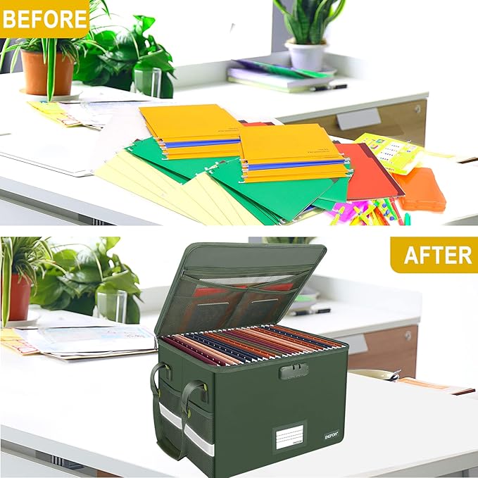 ENGPOW File Box with Lock, Fireproof Document Box with Zipper Lid, Collapsible File Storage Organizer Filing Cabinet with Handle, Portable Home Office Safe for Hanging Letter/Legal Folders, Green