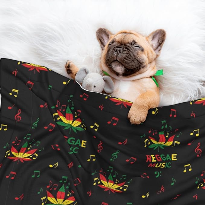Two Sided Pet Cuddler Blanket for Anxiety Calming, Rasta Reggae Music Note Weedleaf Leaf, Reversible Plush Design with Bubble Dot Pattern Provides Familiar Surface Anywhere