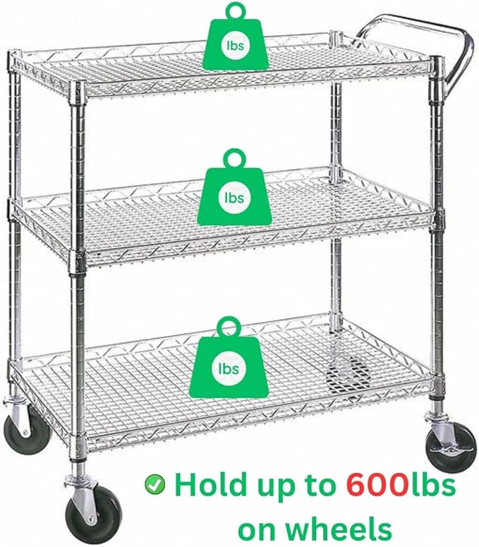Heavy Duty 3 Tier Rolling Utility Kitchen Cart on Wheels,Large 45"L x 17 1/2"D x 45"H Metal Serving Cart Commercial Grade with Wire Shelving and Handle Bar for Office School Church Kitchen Hardware