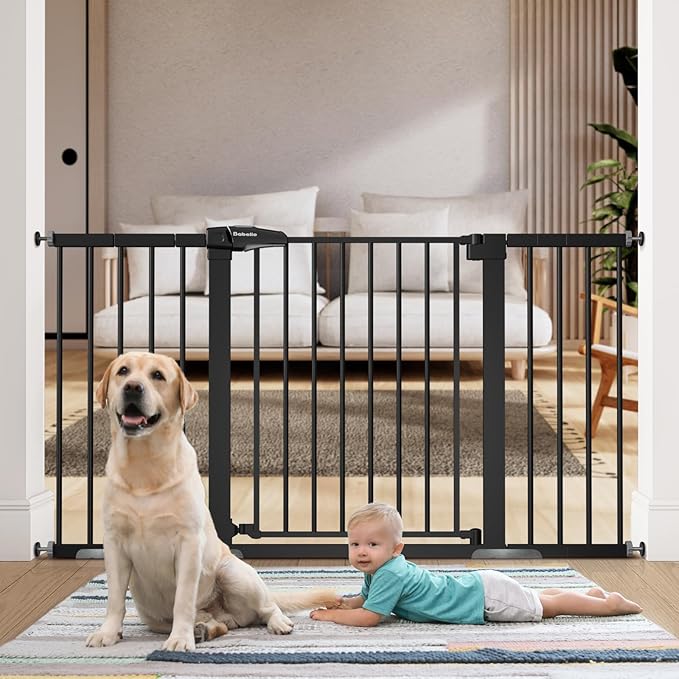 BABELIO Extra Wide Baby/Dog Gate PressGuard P7, 29-55" Auto Clos for The House and Doorway, Safety Pressure Mounted Pet Door, NO Need Tools and Drilling, Black