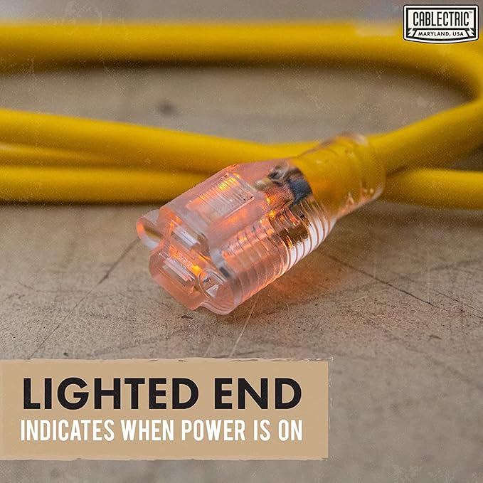 15 Ft Outdoor Extension Cord - 15 Amp 12/3 SJTW Heavy Duty Yellow 12 Gauge Lighted Electrical Cable with 3 Prong Grounded Plug