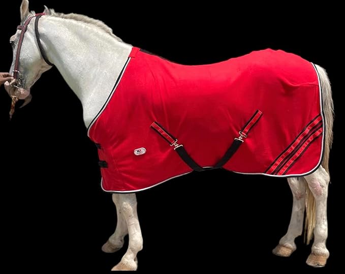 Majestic Ally Anti Pill Fleece Horse Blanket/Sheet with Silver Braided Rope (Red, 74)