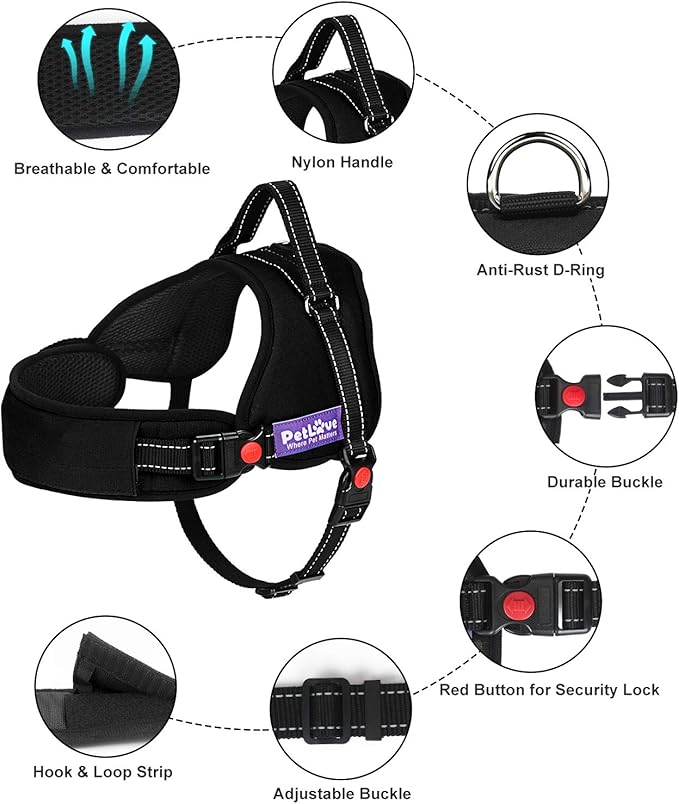 PetLove Dog Harness, Adjustable Soft Leash Padded No Pull Dog Harness for Small Medium Large Dogs, Black