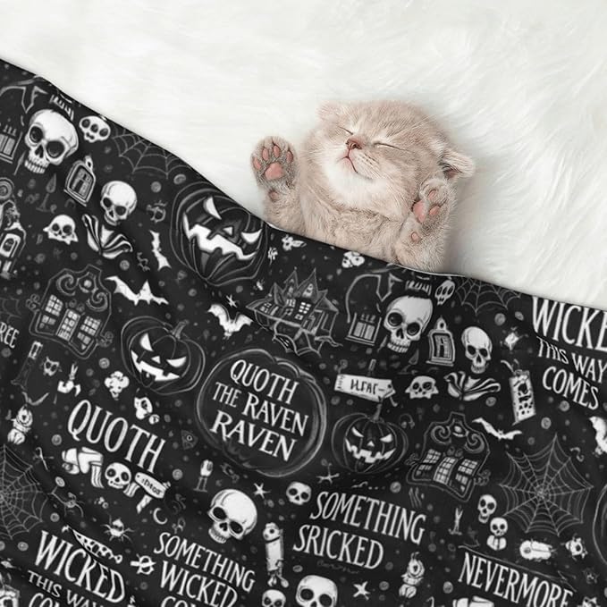 Double Sided Plush Pet Blanket with Cozy Dot Texture, Halloween Witchcraft Witch Pumpkin Spider Web Bat Raven Magic Board Spirit Skull Skeleton Vintage Black, Reversible for Dogs Cats on Couches Beds