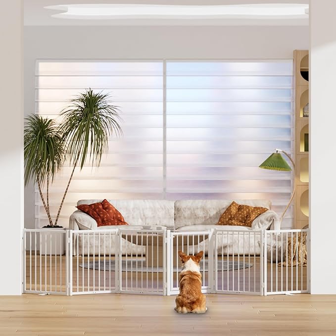 Full Metal Freestanding Dog Gate with Door, 24'' Height Foldable Pet Dog Fence for Indoor & Outdoor, 6 Panels Extra Wide Free Standing SmallDog Gates for Doorways,House,Stairs,Porch,Deck,Yard
