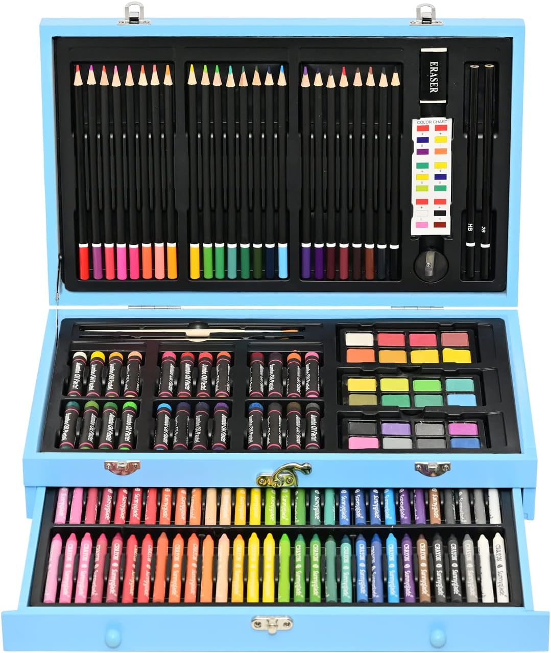 Sunnyglade 145 Piece Deluxe Art Set Wooden Art Box & Drawing Kit Blue