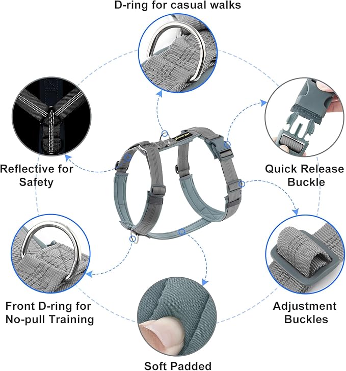 Plutus Pet No Pull Dog Harness, Adjustable Nylon Harness with Soft Padding, Reflective and Heavy Duty Dog Harness for Small, Medium, Large Dogs(Gray, L)