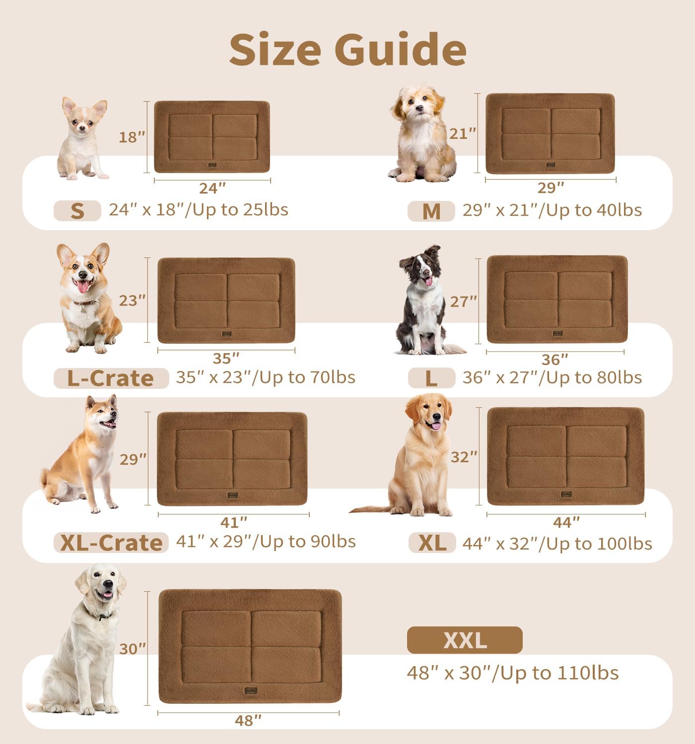 Made4Pets Dog Crate Pad Bed for Large Dogs, Washable & Reversible, Anti-Slip Kennel Mat for Cozy Sleeping, Soft Fluffy Dog Bed for Indoor & Outdoor Use, 36"x27", Brown