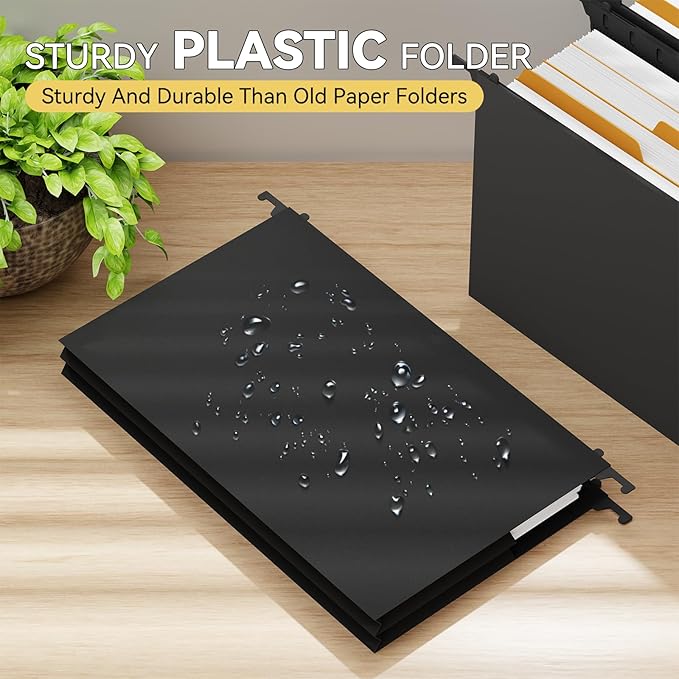 Extra Capacity Legal Size Plastic Hanging File Folders,Reinforced 4" Black Expanding Pocket Files,6 Pack Legal Hanging Folders for Filing Cabinet,Expandable Hang Folder with tabs,for School
