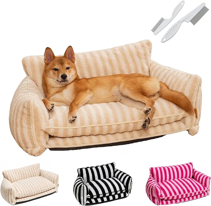 Lazy Holiday Plush Cozy Dog & Cat Sofa Bed, Teddy Velvet Dog Bed, Trendy Striped Faux Lambswool Double Layer Dog & Cat Sofa Bed Dogs Sleeping Mat for Medium Small Dogs & Cats (Beige,L)