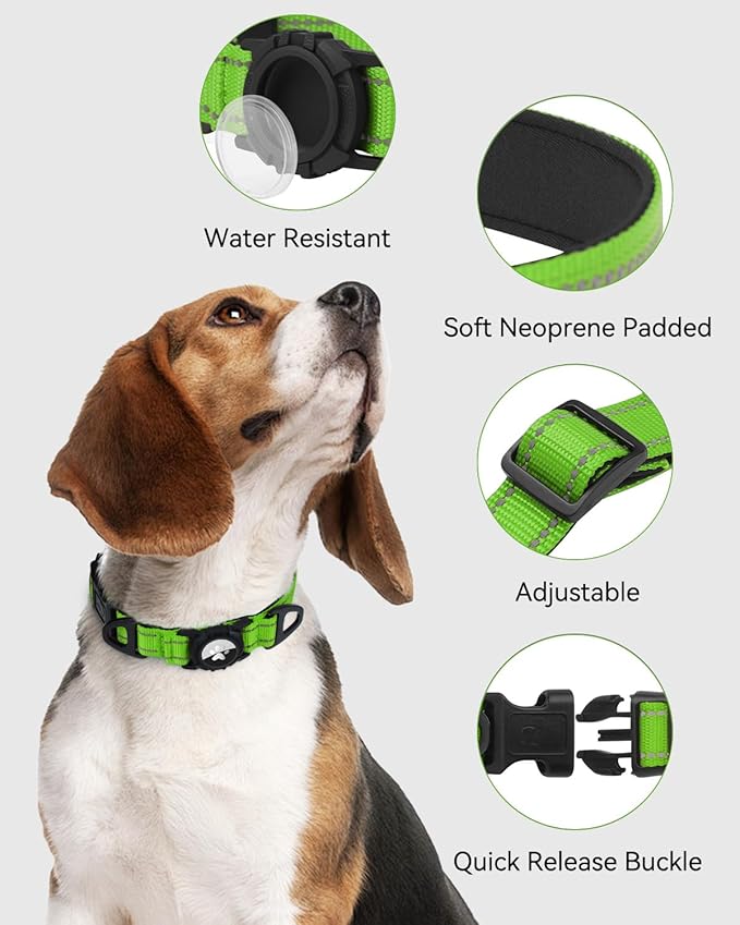 Joytale Airtag Dog Collar, Reflective Pet Collar with Waterproof AirTag Holder, Dual D-Rings, Soft Padded Adjustable for Medium Dogs, Green, M