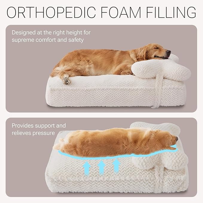 Soft Touch Faux Fur Dog Bed for Medium to Large Sized Dogs 8.5" Extra Thick, Orthopedic Pet Bed with Waterproof Liner and Washable Cover, with Removable Cute Pillow, Cream Color