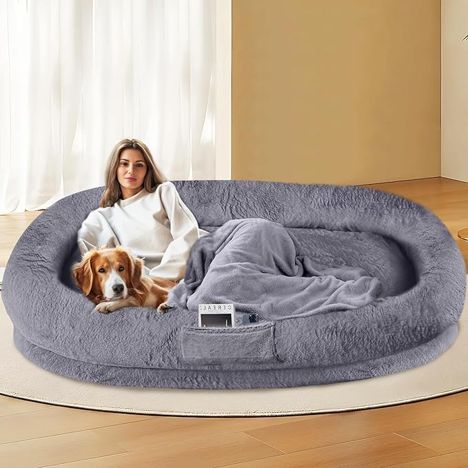 L&W BROS. Orthopedic Human Dog Bed for Large Dogs and Adults, Washable Extra Large Pet Couch with Removable Cover & Blanket, Supportive Memory Foam Lounger 71"x47" (Dark Gray)