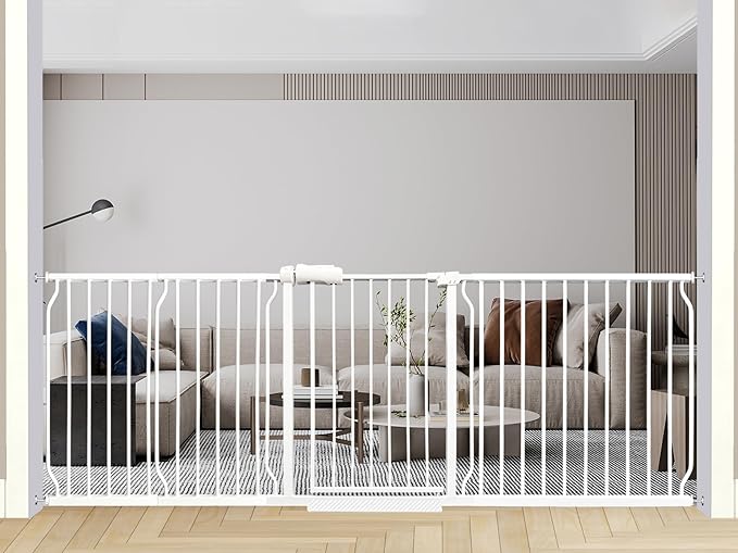 Heavy Duty Baby & Dog Safety Gate, Extra Wide 85.8-90.5 Inch,White Metal, Tension Mounted No Drilling Pet Gate for Large Openings