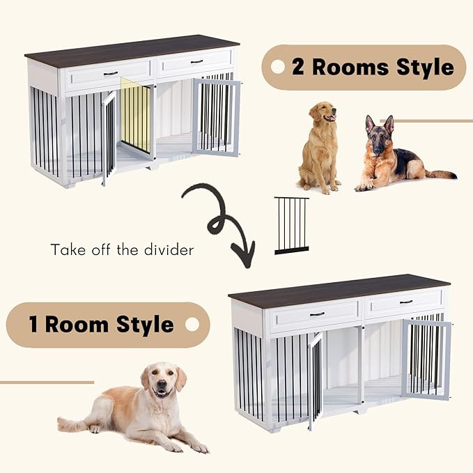 Furniture Style Dog Crate, 72" Large Wooden Dog Kennel with Drawers & Divider, Heavy Duty Indoor Dog Cage with Double Rooms for Large Medium Small Dogs, White