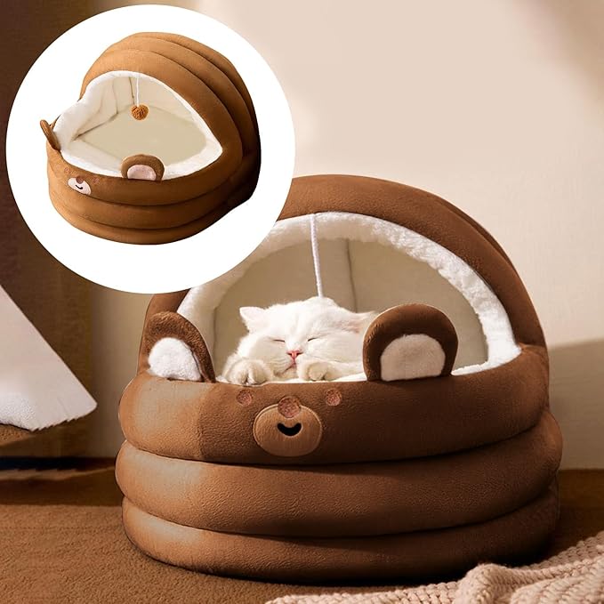 Cat Bed for Indoor Cats, Dog Bed with Anti-Slip Bottom, Rabbit-Shaped Cat/Small Dog Cave with Hanging Toy, Puppy Beds with Removable Cotton Pad, Super Soft Calming Pet Sofa Bed (Brown, Small)