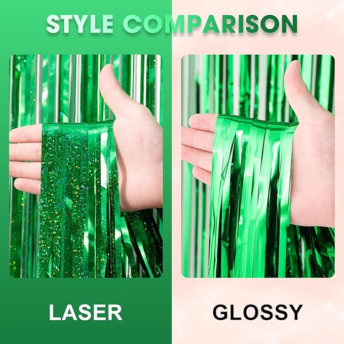 3 Pack 3.3 x 8.2 ft Laser Green Foil Fringe Backdrop Curtains, Tinsel Streamers Birthday Party Decorations, Fringe Backdrop for Graduation, Baby Shower, Gender Reveal, Disco Party