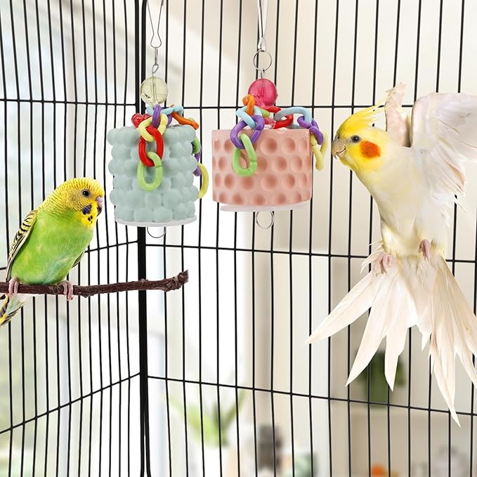 Wontee Bird Beak Grinding Stone Bird Calcium Block Chewing Treats Toy for Budgies Cockatiels Conures Quaker Senegal Parrot, 2PCS (Orange+Green)