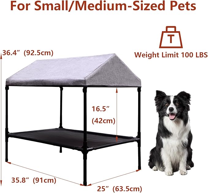 Elevated Dog Bed with Canopy, Outdoor Dog Bed with Removable Shade Tent for Small Medium Dogs, Breathable, Easy to Clean(36" x 25")