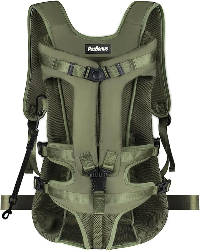 PetBonus Pet Front Dog Carrier Backpacks, Adjustable Pet Backpack, Legs Out Easy-fit Puppy Chest Carrier for Medium Small Dogs, Hands Free for Hiking, Cycling (Army Green, XL)