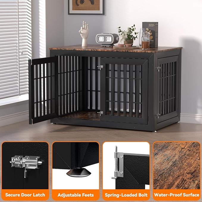 48" Heavy Duty Dog Crate Furniture for Small,Medium and Large Dogs,Rustic Wooden Dog Cage Kennel Indoor Furniture with Waterproof Top,Decorative Pet House Side End Table (Black & Wood)