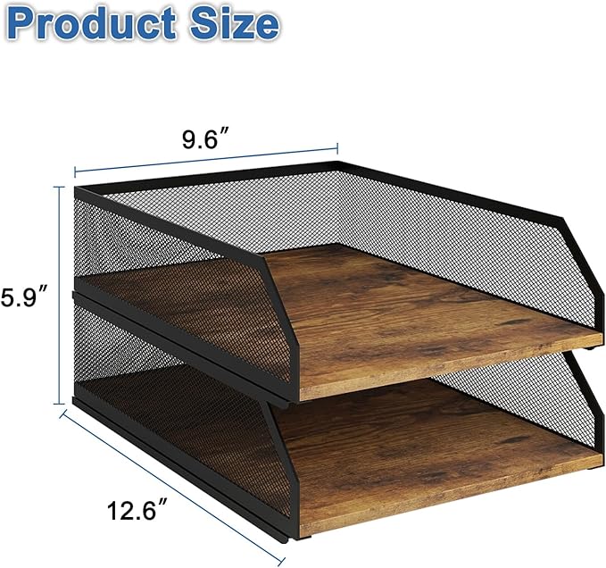 Natwind 2-Tier Stackable Paper Tray, Metal Mesh Desktop Organizer, Wood Board Paper Sorter, Letter Trays,File Document Storage Rack for for Home, Office, School (Retro)