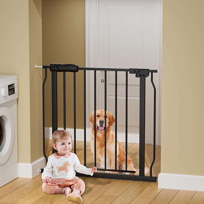 Narrow Baby Gates for Stairs Doorways Auto Close Tension Black Metal Child Pet Safety Gates with Pressure Mount 29-34 Inch Wide