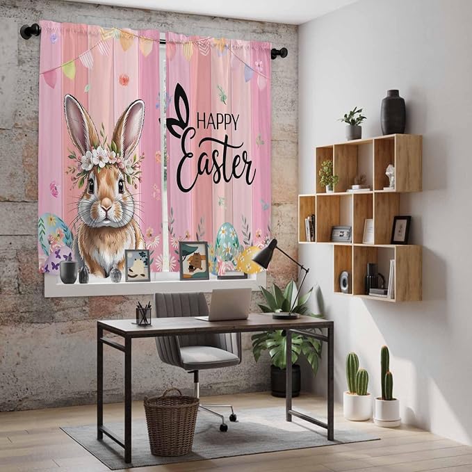 Easter Kitchen Curtains, Spring Rabbit Eggs Flowers Flags Leaves Wood Grain