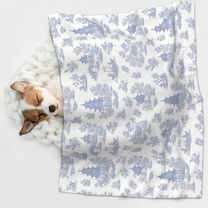 Pet Blanket for Couches and Beds, Chinese Style Powder Blue Chinoiserie Toile, Reversible Double Sided Plush Design with Soft Bumpy Texture and Smooth Surface, Furniture Protector