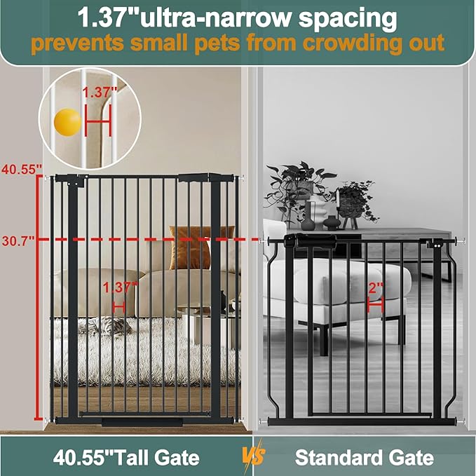 40.55" Tall, 30.11-34.05 Inch Wide, 1.37" Ultra Narrow Spacing Dog Pet Baby Gate Indoor for Doorway Hallway, Pressure Mounted 31 32 33 34 Inches Wide Black