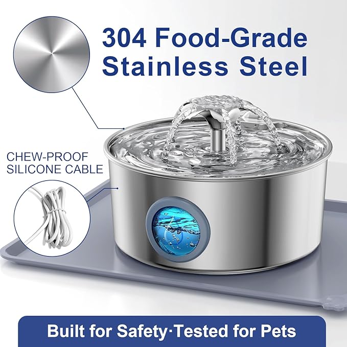 LucidShine 108oz/3.2L Stainless Steel Cat Water Fountain with 12 Filters (up to 1-Year Supply), Large Capacity Dog Water Fountain, Ultra Quiet Automatic Metal Pet Water Dispenser