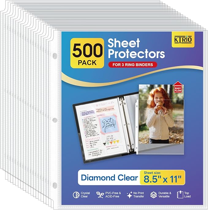 KTRIO 500 Pack Sheet Protectors 8.5 x 11 inch, Clear Page Protector for 3 Ring Binder, Plastic Sleeves for Binders, Top Loading Paper Sheets Document Sleeve Letter Size, Office & Home