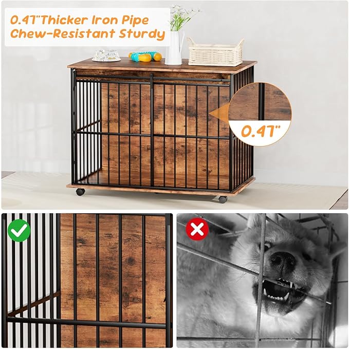 43.3" Dog Crate Furniture, Dog Kennel Indoor with Wheels for Large Medium Small Dogs, Wooden Dog Crate End Table with Sliding Door, Wooden Dog Kennel Furniture for Living Room, Bedroom